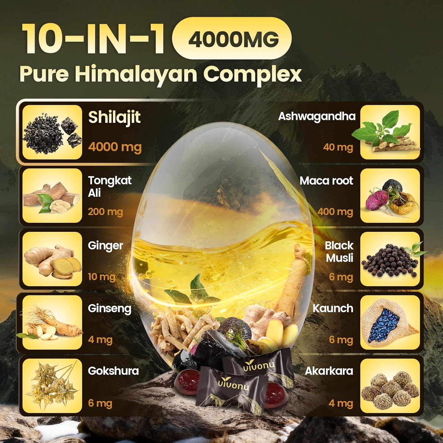 60 Gummies Énergétiques Shilajit de l'Himalaya Naturel